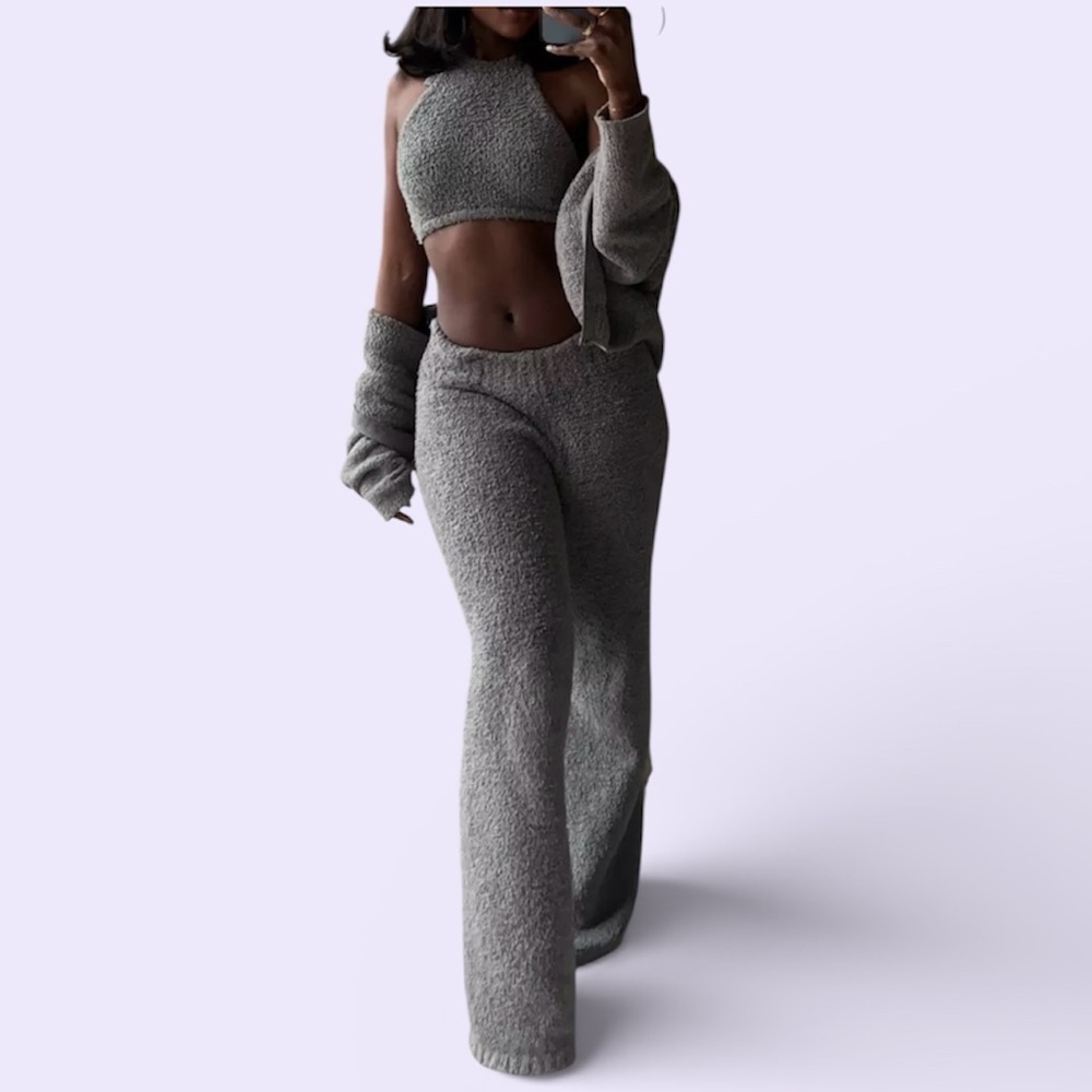 Skims Cozy Gray Knit Pants & Top Set